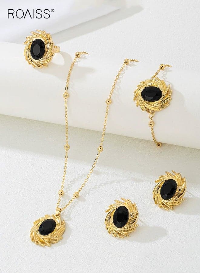 Women's Four-Piece Jewelry Set, Fashionable and Unique Irregular Gold-Plated Black Gemstone Oval Radiant Floral Jewelry Collection for Ladies, Geometric Necklace, Earrings, Bracelet, and Ring Accessories, Gold-Plated