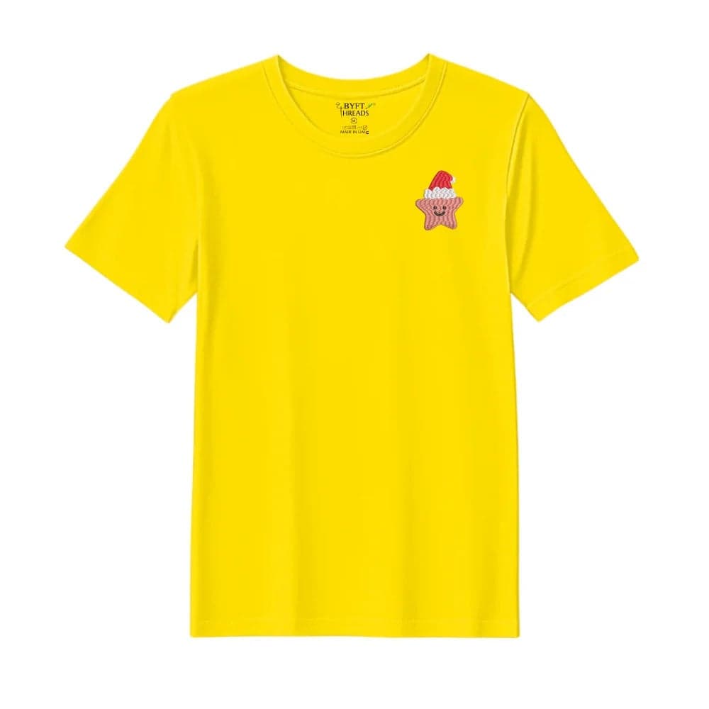 Threads Medium Yellow Polycotton T-Shirt - Christmas "Smiling Christmas Star with Santa Hat" Embroidered Design, Premium Holiday Collection
