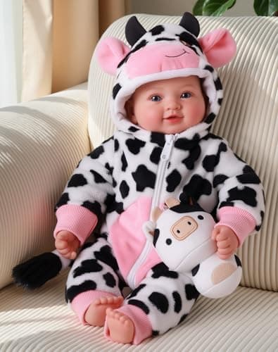 BABESIDE Baby Doll Girl 17Inch Soft Body Realistic Baby Doll with Blue Eyes and Cow Outfit Lightweight Real Life Baby Dolls for 3 4 5 6 7 8 9 Years Girl Birthday Gifts Pretend Play and Christmas