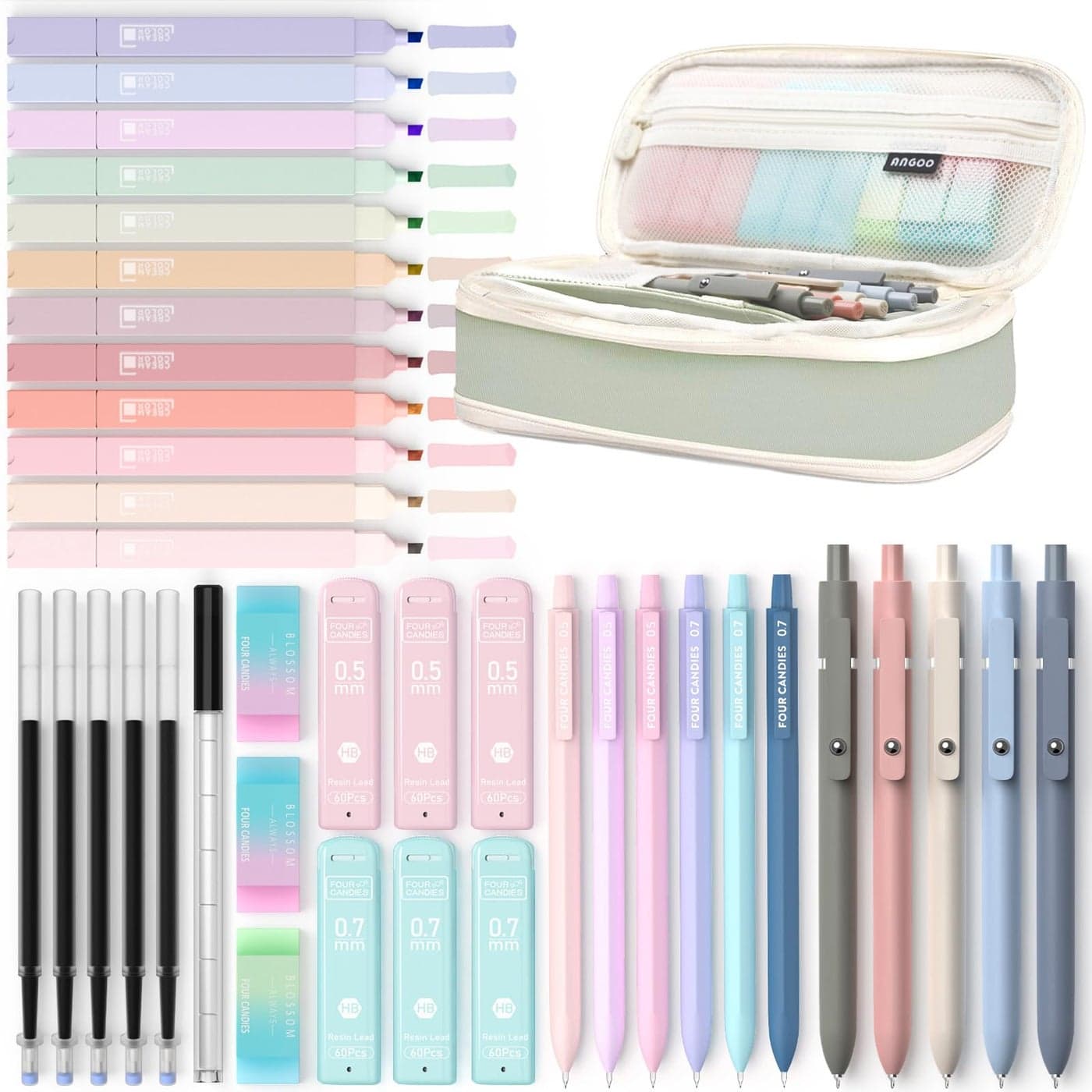 Four Candies 39 PCS Aesthetic School Supplies with Cute Pen Case, 12 Pastel Highlighters, 5 Black Ink Gel Pens, 6 Mechanical Pencils Set 0.5 & 0.7 mm for Students Stationary College Essentials (Green)
