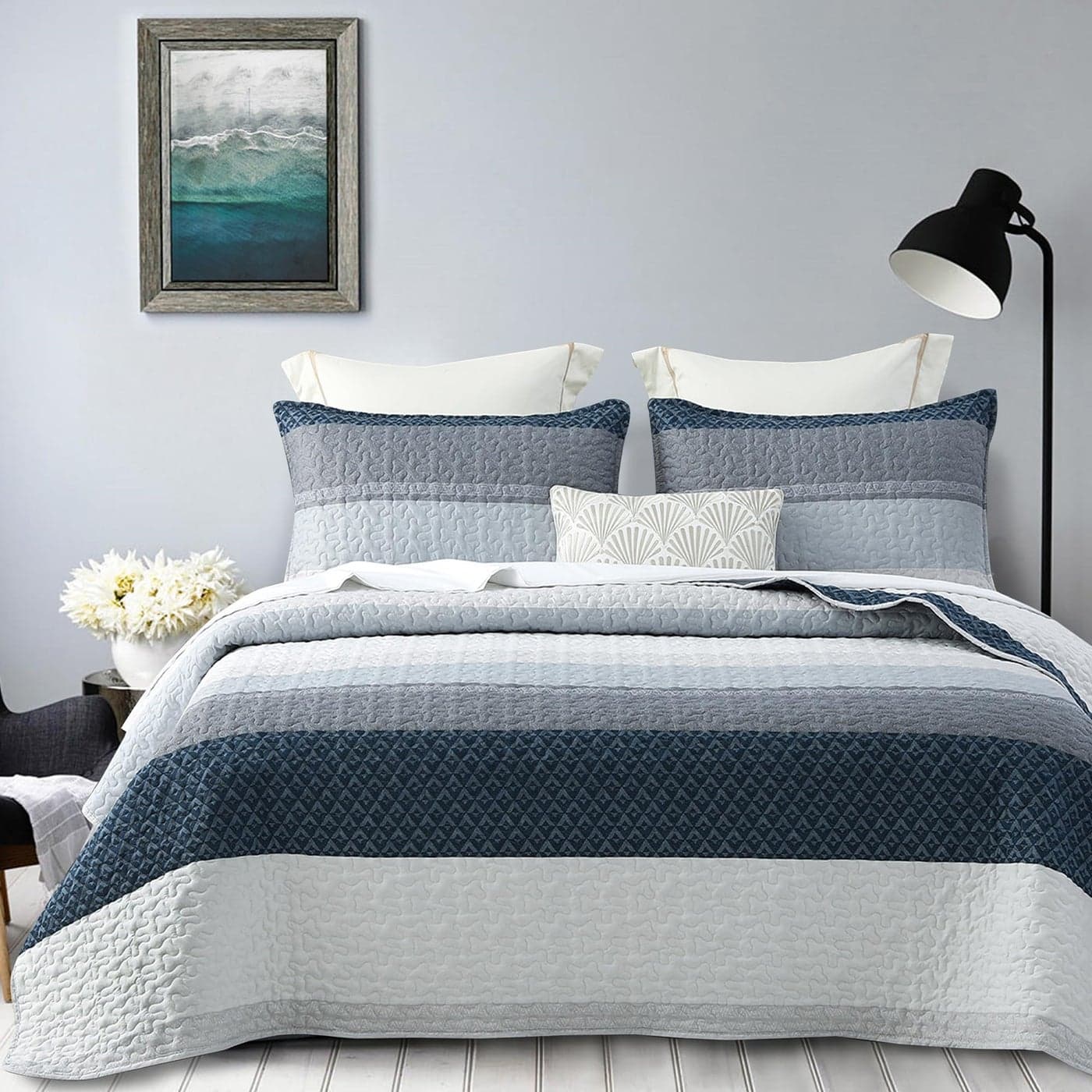 DURLENGEN Striped Quilt Set King Size 3Pcs Blue Navy Striped Patchwork Pattern All Season Lightweight Coverlet SetsKing 106x96 Blue Patchwork