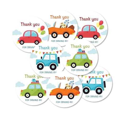 weRevel Car Themed Thank You for Driving by Party Stickers, 40 Count, 2 Inches, Round, 4 Unique Designs