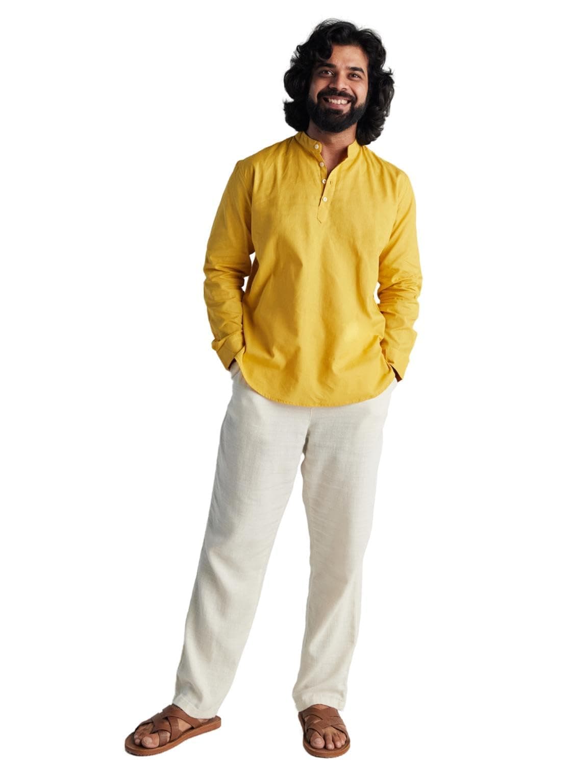 SAADAA Men Linen Cotton Blend Regular Fit Kurta, Mandarin Collar Solid Color for Casual Festive & Ethnic Wear (Yellow XS)