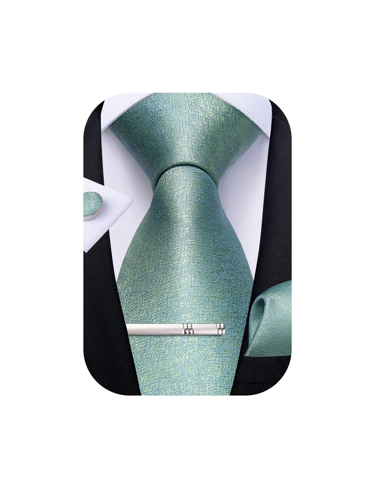 DiBanGu Mens Silk Necktie Solid Color Tie and Pocket Square Cufflink Tie Clip Set Woven Plain Ties for Men Wedding Party, Mint Green