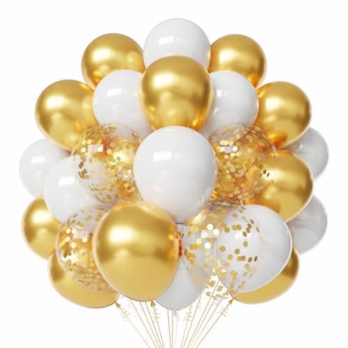 White and Gold Latex Balloons 60pcs 12 Inches Metallic Gold and White Confetti Balloons with 1 Ribbon for New Year Birthday Baby Shower Party Decorations