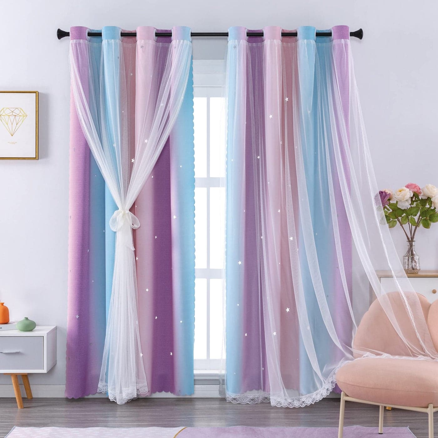 XiDi Curtains 63 Inch Length for Girls Bedroom Kids Blackout Curtains Rainbow Cute Colorful Unicorn Princess Theme Home Decor Living Room Darkening Grommet Drapes PinkPurple W52 X L63 2 Panels Set