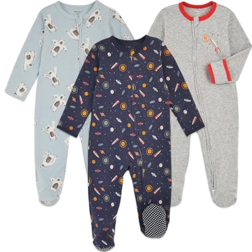 Aablexema Baby Footie Pajama with Mitten Cuffs, Double Zipper Infant Cotton clothes Sleeper Pjs, Footed Sleep Play(Snow & Rocket & Space, 6-9 Months)
