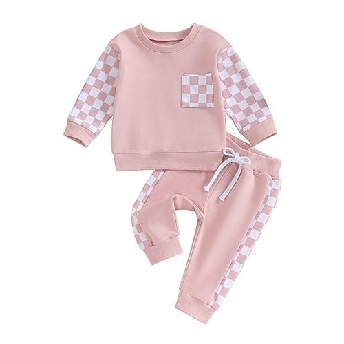 BeQeuewll Baby Girl Clothes Fall Winter Outfits Long Sleeve Sweatsuit Checkboard Sweatshirt and Pants Toddler Infant Clothing (pink, 2-3 Years)