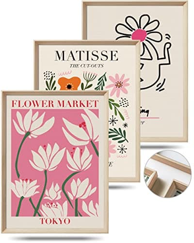 UPWOIGH 12x16 in Framed Wall Art, Abstract Henri Matisse Pink Flower Market Canvas Print, Minimalist Wood Wall Decor for Living Room and Bedroom, Set of 3, Gift
