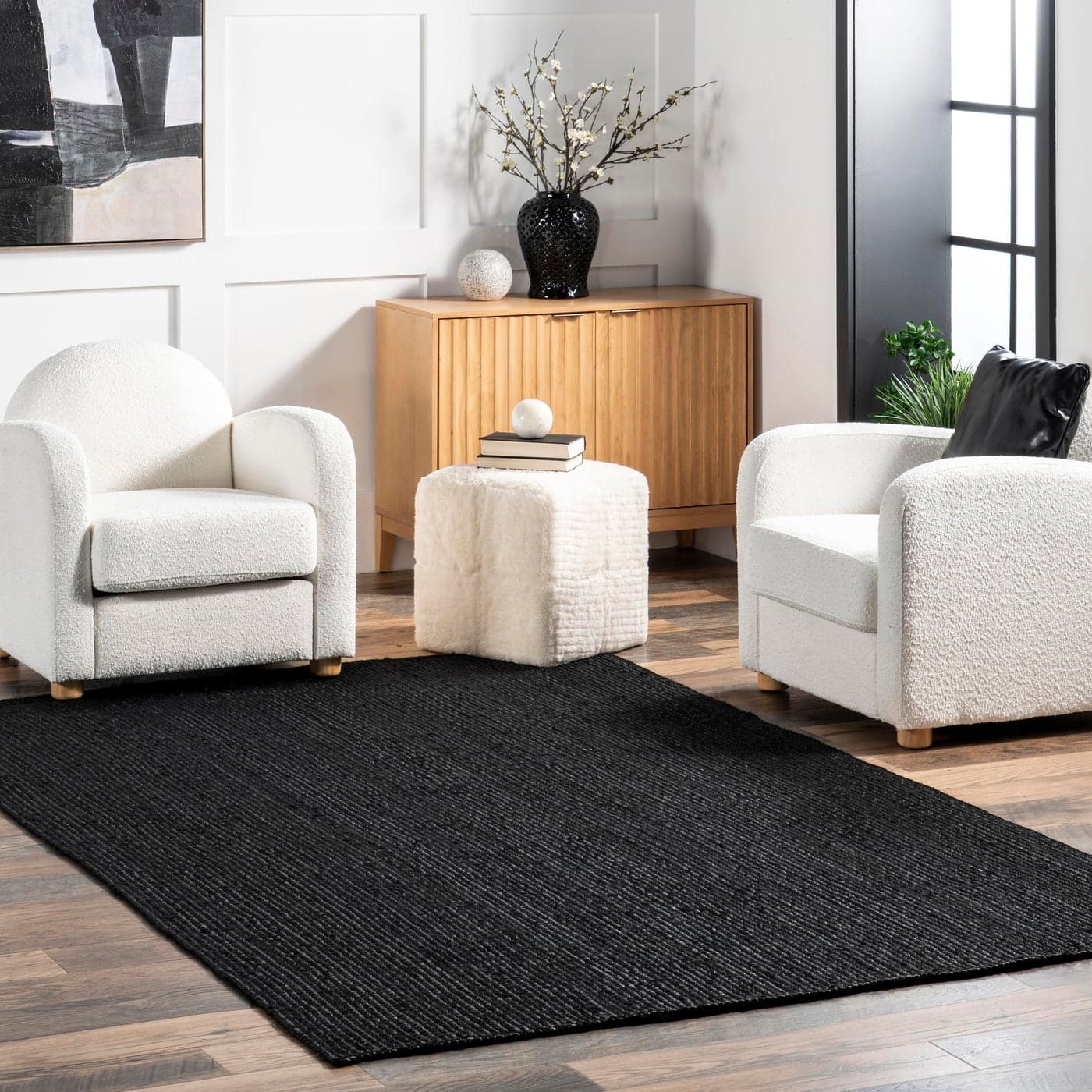 nuLOOM 2x3 Rigo Jute Hand Woven Area Rug Black Solid Farmhouse Design Natural Fiber For Bedroom Living Room Dining Room Hallway Office Kitchen Entryway