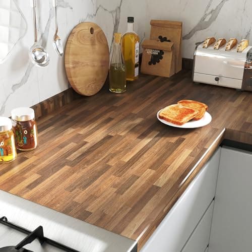 FunStick 24"x200" Butcher Block Countertop Contact Paper Wood Grain Contact Paper for Cabinet Countertops Waterproof Self Adhesive Brown Wood Wallpaper Peel and Stick Counter Top Stick Paper Removable