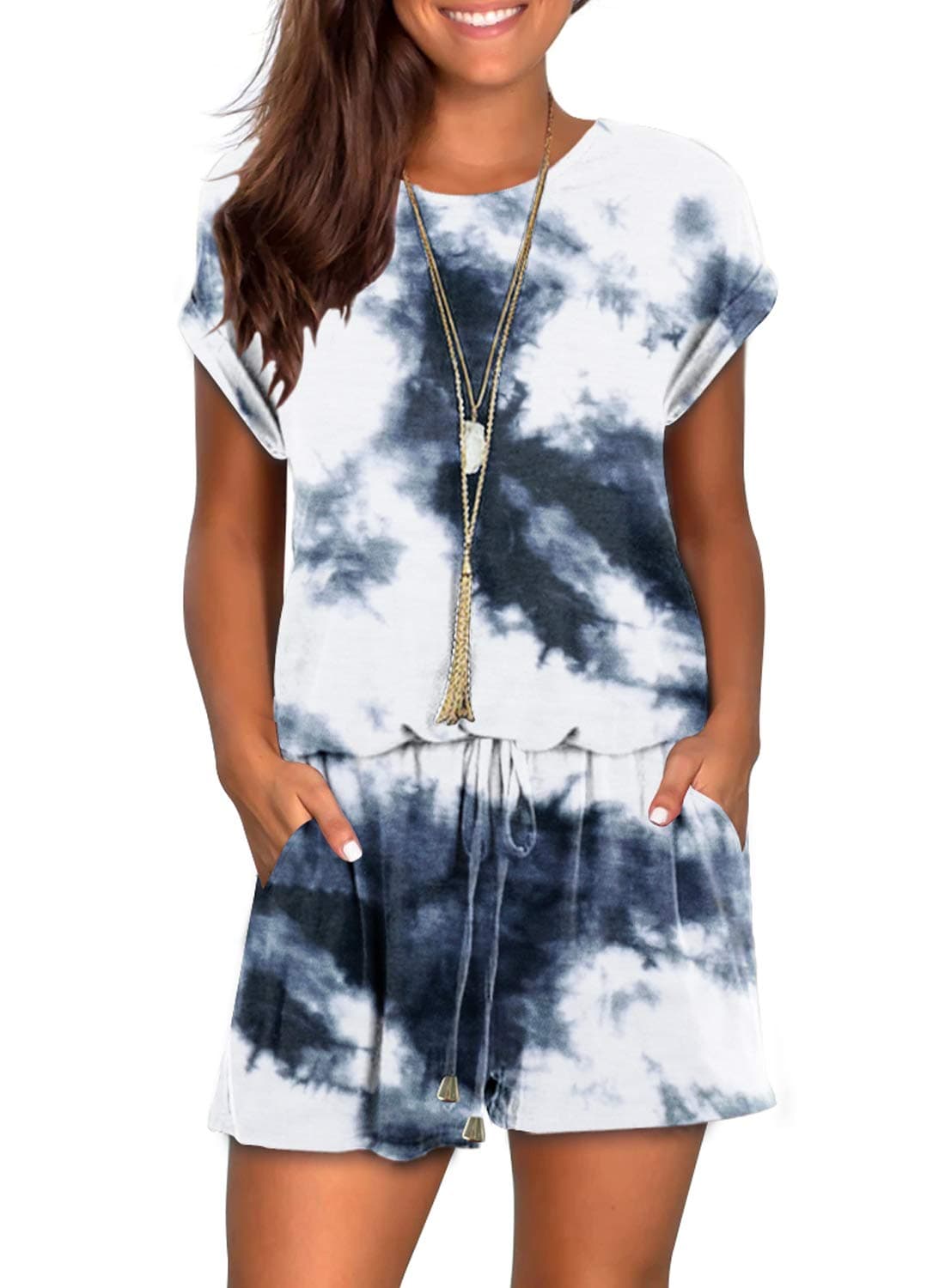 Mokayee Womens Tie dye Summer Cute Front Tie Short Jumpsuits Rompers with PocketsTie dyeL