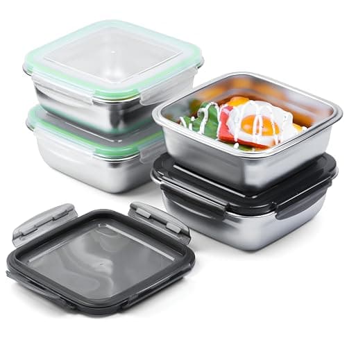 monoan 4 Pack 24oz Stainless Steel Sandwich Containers with Airtight Leak-Proof Lids, Reusable Metal Lunch Boxes for Meal Prep, Bento, Snack, Travel & Family, BPA-Free Dishwasher Safe (Green, Black)