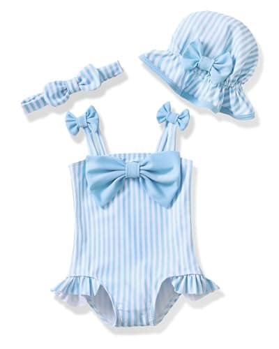Renotemy Newborn Baby Swimsuit Girl One-Piece Sleeveless Bikini Tankini Baby Girls' Swimwear 0-3 Month Swimsuit for Girls Rash Guard Blue Strip Bathing Suit Baby Girl with Sunhat Baby Beach Essentials