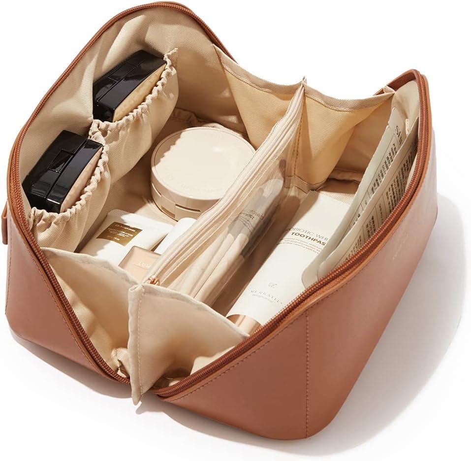 BUYORY Large Capacity Cosmetic Travel Bag For Women, Portable Light Pu Leather Makeup Pouch, Wide Opening Cosmetic/Makeup Organizer, Cosmetic Zipper Pouch, Make Up Bag,11 Cm (Brown)