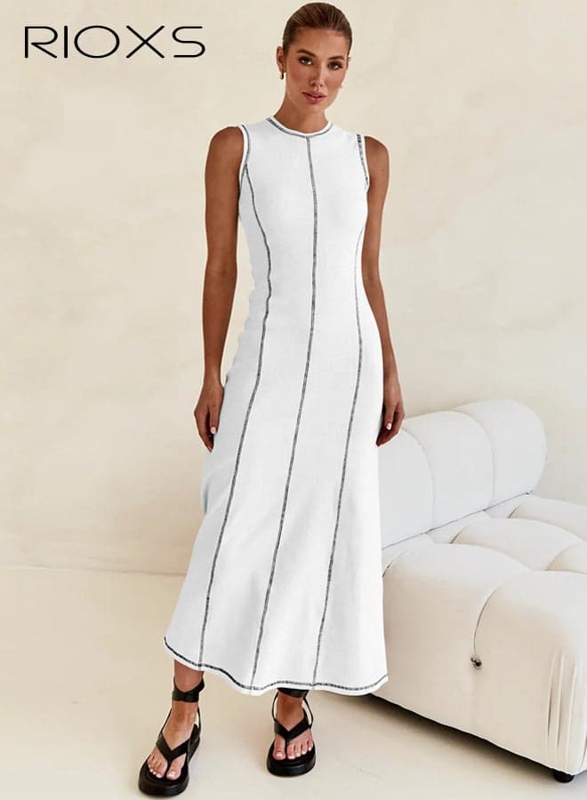 Women's Sleeveless Round Neck ibbed Knit Maxi Dress, Slim Fit Contrast Stitch Long Bodycon Dress for Ladies, Summer Casual Breathable T Shirt Dress Tank Maxi Dress, Suitable for Beach, Vacation, Party, Dating, Shopping, Office and More, White