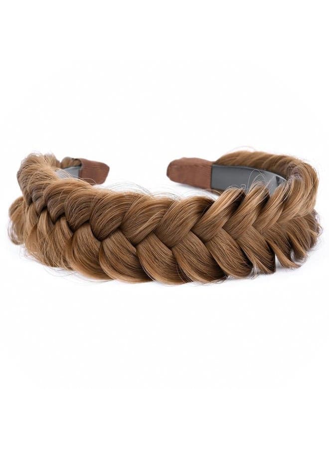 Wide Chunky Plaited Braided Headband Hair Band Synthetic Braid Hairpieces with Teeth Piano Two Tone Colors Accessories for Women Girl Wide 1.2 Inch (W-Meidum Brown)
