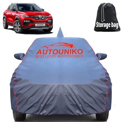 AUTOUNIKO 100% Waterproof Car Body Cover for Renault Kiger with Mirror and Antenna Pocket and Soft Cotton Lining (Full Bottom Elastic Triple Stitched) (Grey with Red Piping)