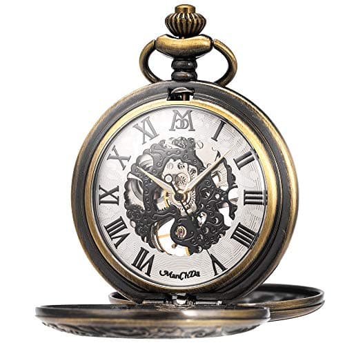 ManChDa Skeleton Automatic Mechanical Pocket Watches for Men Double Cover Roman Numerals with Gift Box and Chain + Extra T-bar Chain Bronze