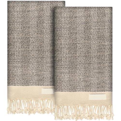 EPHESUS TOWELS Turkish Hand Towels - Set of 2 | 18" x 30" Decorative Boho Guest Bath Towel for Bathroom, Kitchen, Face, Hair, Tea, Dishcloth (Herringbone, Beige)