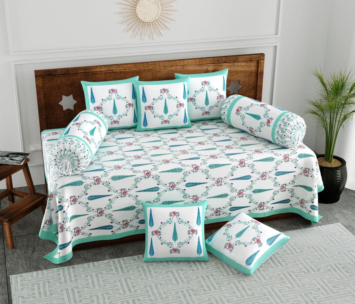 BLOCKS OF INDIA 200TC Diwan Set Cotton 8 Piece | Deewan Printed Bedsheet Sets for Living Room Hall (Set of 8 Piece, 1-Bed Sheet | 2-Bolster Cover | 5-Cushion Cover (Turquoise Patti)