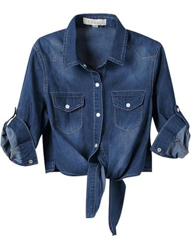 Omoone Women's 3/4 Sleeve Denim Crop Top Tie Knot Shirt Cardigan (Dark Blue, XL)