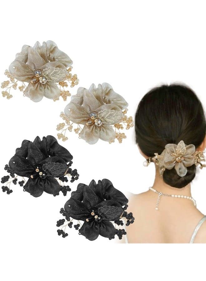 4 Pcs Flower Leaf Elastic Hair Ties Crystal Ponytail Holders Rhinestone Hair Scrunchies Hair Rubber Bands Ropes Hair Accessories for Women Girls