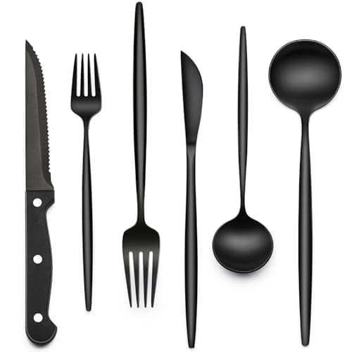 Black Silverware Set with Steak Knives, 24-Piece Stainless Steel Black Flatware Set for 4, Food-Grade Tableware Cutlery Set, Utensil Sets for Home Restaurant, Mirror Finish, Dishwasher Safe