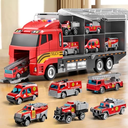 NIPLOOOW Toddler Boys Toys for 3-5 Years Old, Fire Truck Vehicle Set with Play Mat and Die-Cast Toy Car, Transport Carrier Truck for Kids 3-5, Birthday Gifts Toys for 3-8+ Year Old Boys