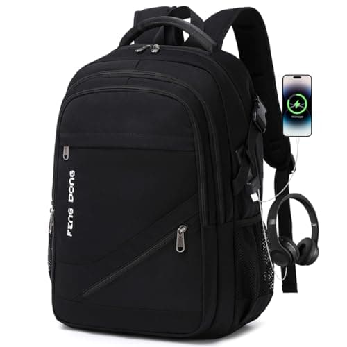 FENGDONG Durable Waterproof Travel Laptop Backpack 17.3 inch,Large College Backpack Bookbag for Men & Women Business Backpack with USB Charging Port and Headset Port Black