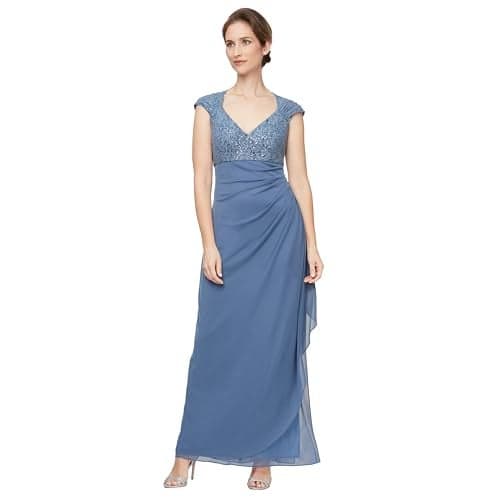 Alex Evenings Women's Long Stretch Sequin Bodice Mother of The Bride Dress with Empire Waist (Petite and Regular Sizes), Wedgewood Corded Lace, 16