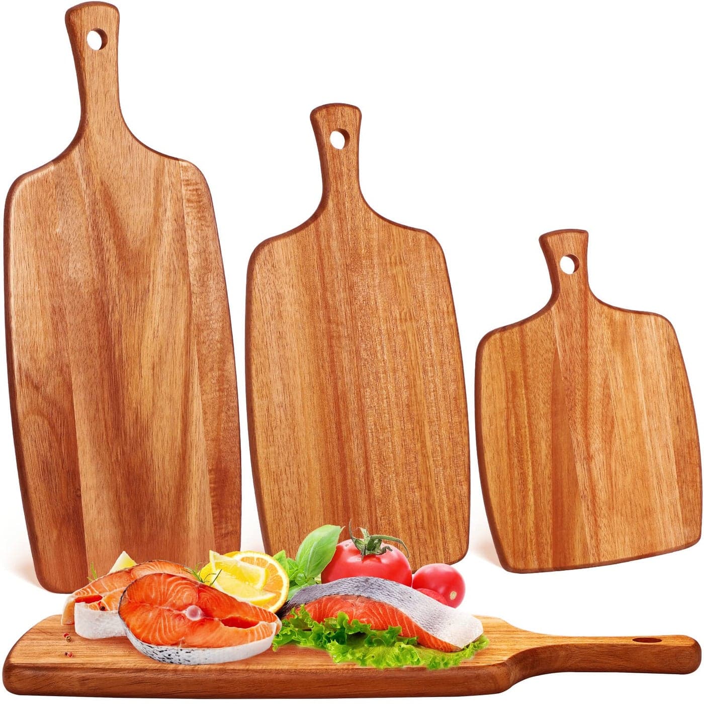 Kathfly 3 Pcs Acacia Wood Cutting Board with Handle Wooden Laser Kitchen Serving Charcuterie Board for Vegetables Meat Pizza Cheese Fruit Bread17x7 14x7 10x7 Inch