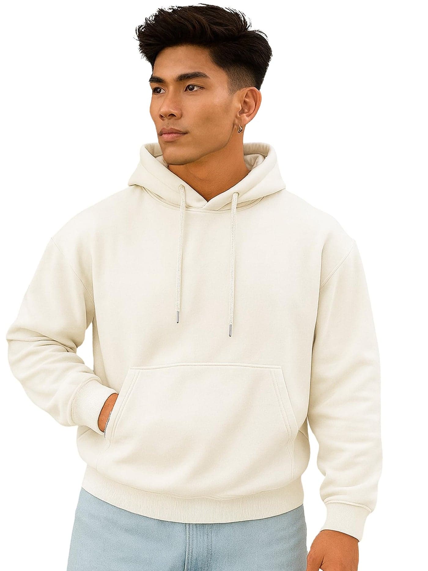 Jump Cuts Mens Solid Hooded Neck Full Sleeve Cream LoopKnit Sweatshirt