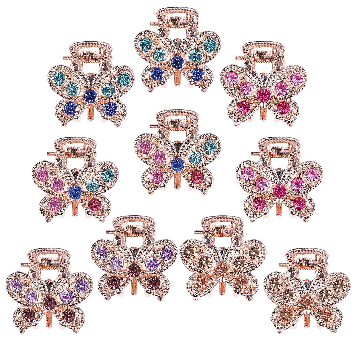 QXUJI 10PCS Rhinestone Hair Claw Jaw Clips Crystal Metal Noslip Hair Grip Clamps Mini Butterfly Bangs Clip Bow Hair Claw Gripper for Women Girls Hair Pins