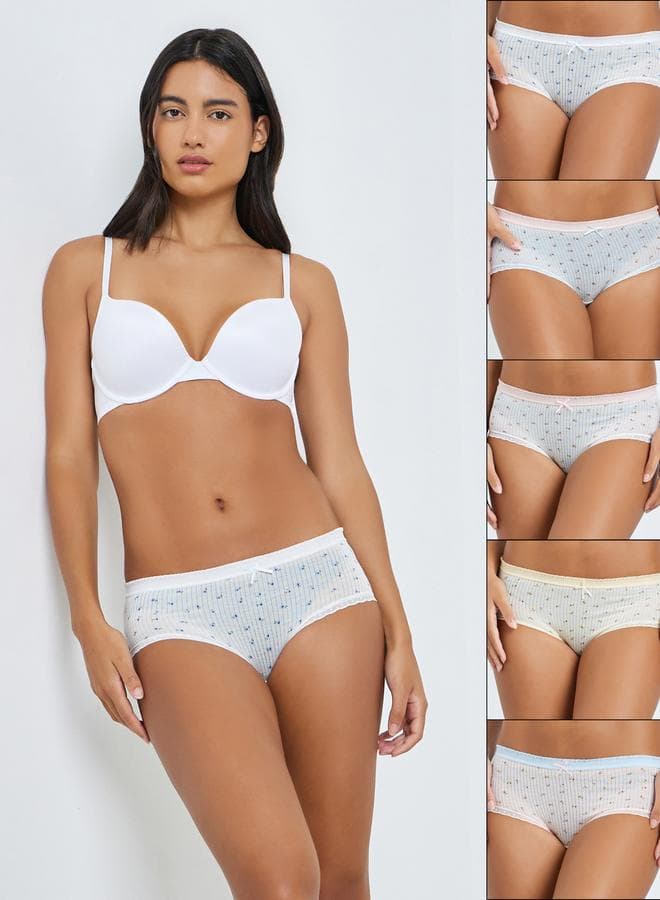 Pack of 5 - Floral Printed Ribbed Hipster Briefs With Bow Detail and Lace Detail