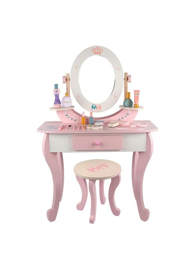 Girl Pink Simulation Playhouse Makeup Toy Wooden Dressing Table And Chair Toy Set With 16 Pcs Accessories