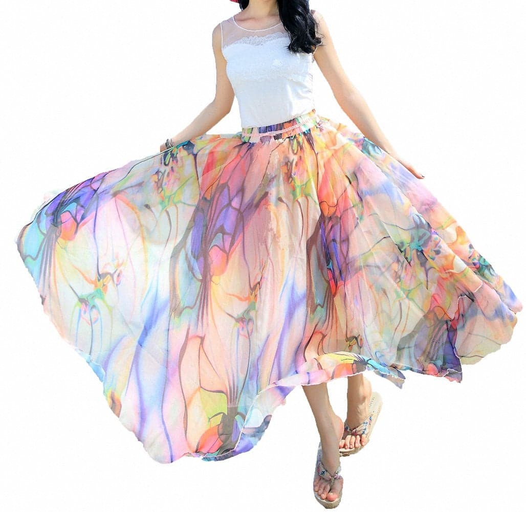 Afibi Women Full/Ankle Length Blending Maxi Chiffon Long Skirt Beach Skirt (Small, Design N(7))