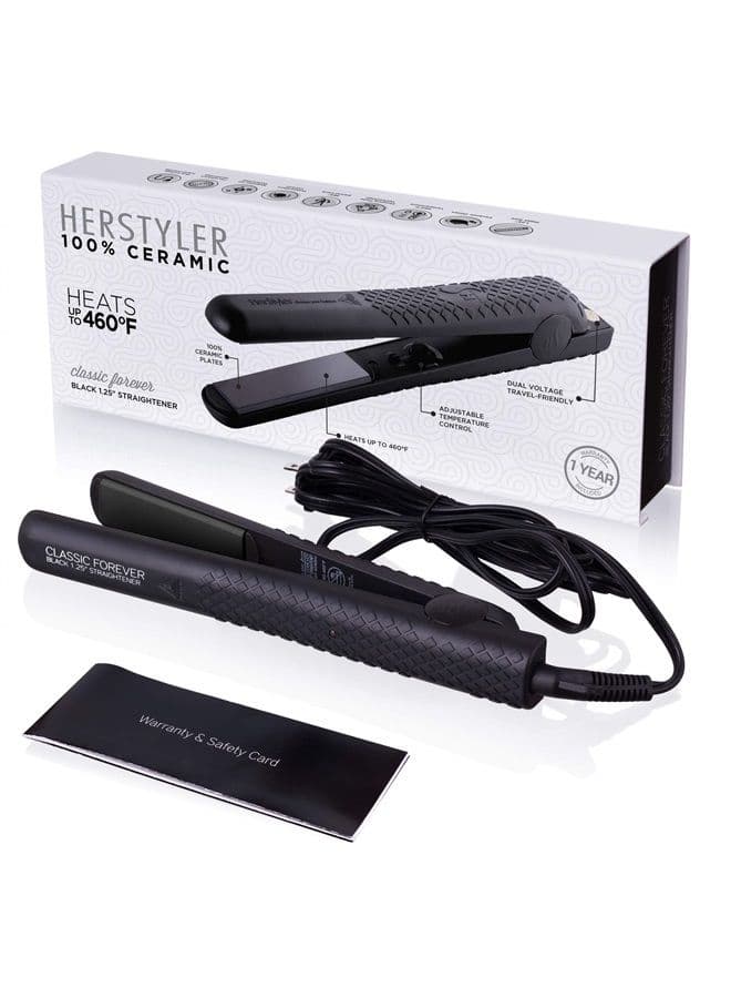Herstyler Forever Straightening Flat Iron | Travel Friendly Dual Voltage Flat Iron 1.25 inch | Ceramic Hair Straightener For Silken Hair | Negative Ion Technology To Fight Frizz | Beautiful In Black