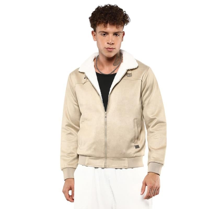 Campus Sutra Men's Saltbox Beige Fur-Lined Suede Bomber Jacket For Casual Wear | High Neck | Long Sleeve | Zipper Closure | Jacket Crafted With Comfort Wear For Everyday Wear