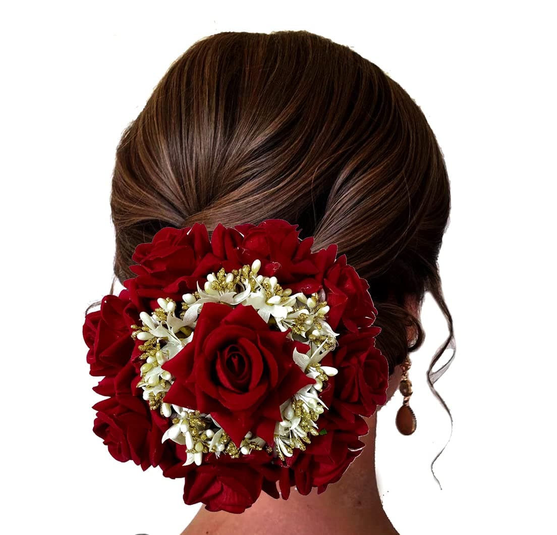 Hair Flare Attractive Artificial Rounded Rose Flower With Lily Wedding Hair Accessories/Hair Pins/Juda Pins for Women and Girls- 2295, Red, Pack of 1