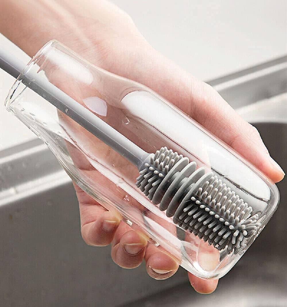 KBS Bottle Cleaning Brush Silicone Long Handle for Water Bottle Narrow Neck Containers Vase and Glass Sports Bottle Cleaner for Home and Kitchen Accessories Item Products (28-CM-Grey-Brush-Silicone)