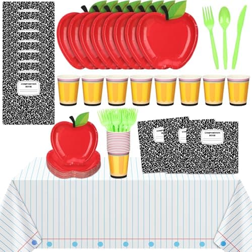146 Pcs Preschool Kindergarten Graduation Party Decoration Apple Paper Plate Teacher First Day Back to School Party 24 Set Disposable Tableware 2 Notebook Tablecloth for Classroom Pre K Graduation
