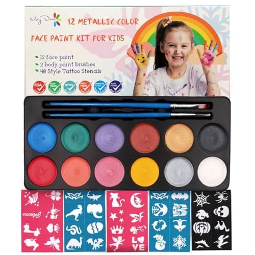 Maydear Face Painting Kit for Kids 12 Colors Safe and NonToxic Large Water Based Face Body Paint Pearl