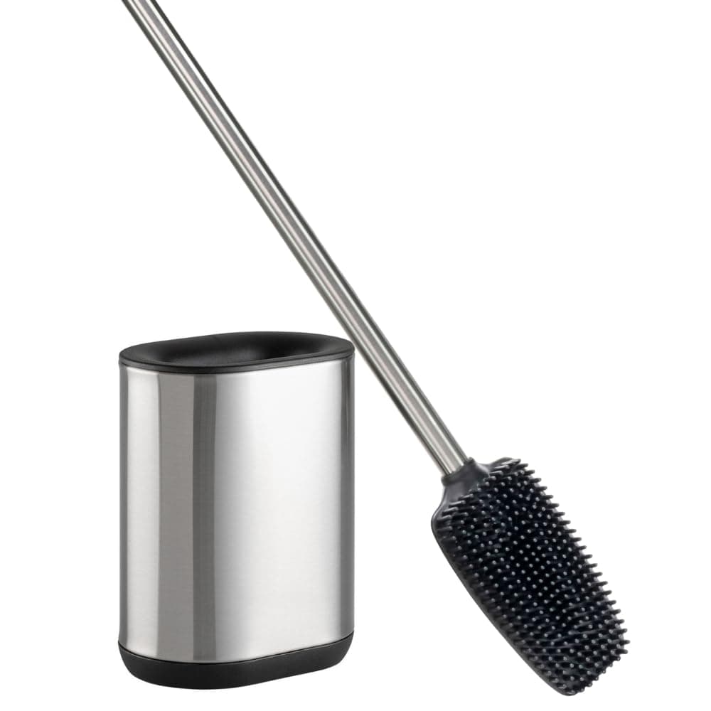 Erreke Silicone Toilet Brush Stainless Steel Toilet Brush with Holder Flexible Silicone Mount on the Wall or Floor Modern Elegant Improved Hygiene AntiFingerprint Coating Silver