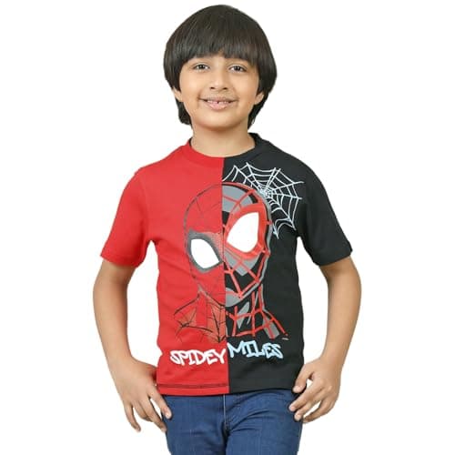 Kidsville Official Marvel Avengers Spiderman Boys Half Sleeve Round Neck Red & Black Graphic Printed Cotton T-Shirts for Kid Boys