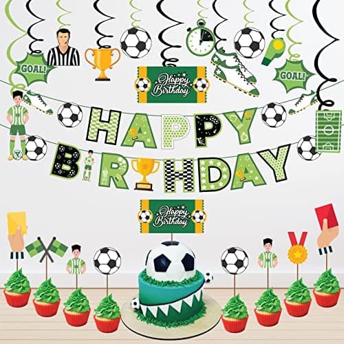 Festiko®Football Theme Party Supplies (22 pcs)- for Game Day, and Football Birthday Party Decorations,Party Supplies Combo Banner,Swirls,Cake Topper,Cup Cake Toppers
