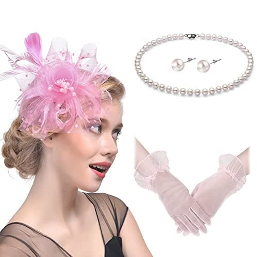 Magibag Fascinators Hats with Gloves Set for Women 20s 50s Cocktail Tea Party Wedding Costume Headwear (B-Pink)