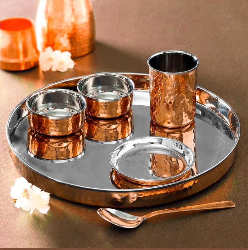 Spillbox Stainless Steel Copper Hammered Dinner Thali Set of 6 PiecesTableware SetDinnerwareServing Thali SetBowls Glass and Spoons Copper Dinner Thali Set