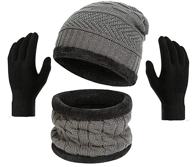 Creature Winter Knit Beanie Cap Hat Neck Warmer Scarf and Woolen Gloves Set for Men & Women (3 Piece) (GREY)