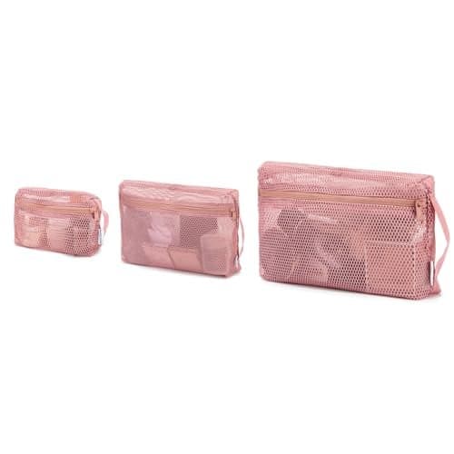 NOL Natural Organic Lifestyle 3-Pack Mesh Travel Toiletry Bags - Clear Zipper Travel Organizer, Airport Carry-On Compliant Reusable Cosmetic Makeup Bag for Women & Men (Dark pink)